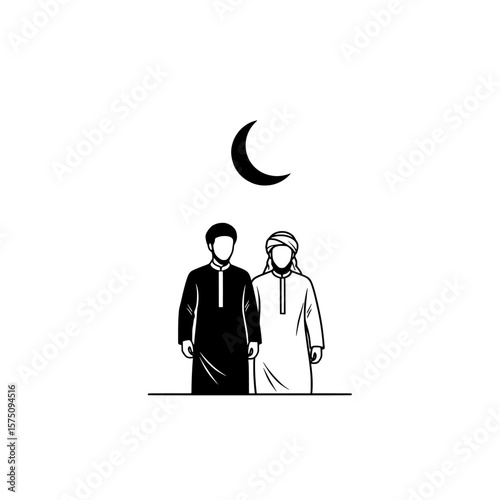 Two figures standing under a crescent moon in traditional attire