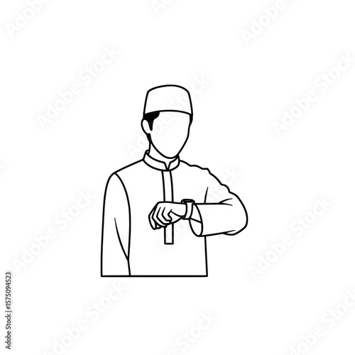Person checking time with wristwatch in traditional attire