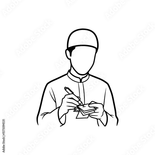 Person writing notes with pen and paper in traditional clothing