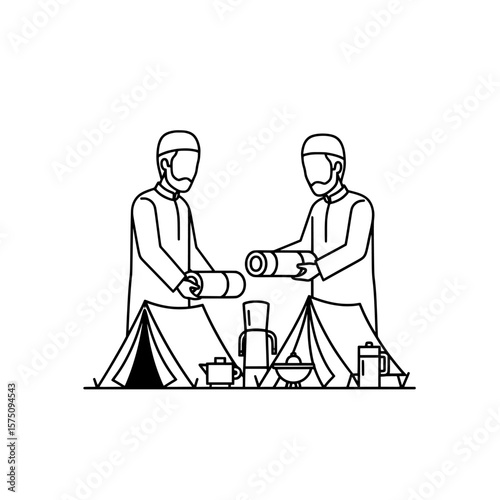Two people setting up tents and preparing for outdoor camping activities