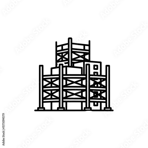 Construction site framework structure with scaffolding and supports