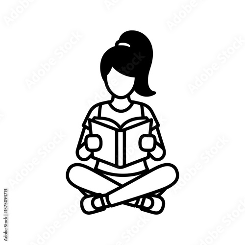 Woman reading a book with a relaxed posture in simple style