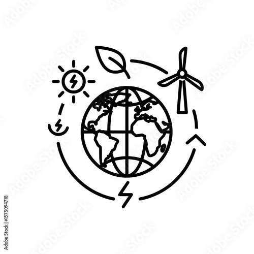 Sustainable energy symbols with globe solar wind and green elements