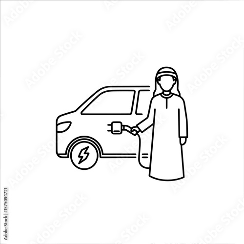 Person charging electric vehicle in modern urban environment