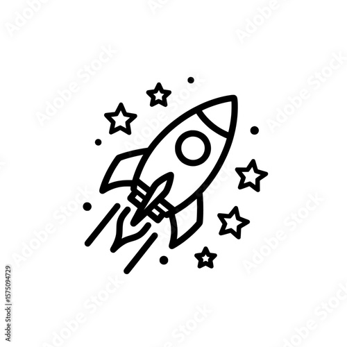 Rocket launching into space with stars and planets in the background