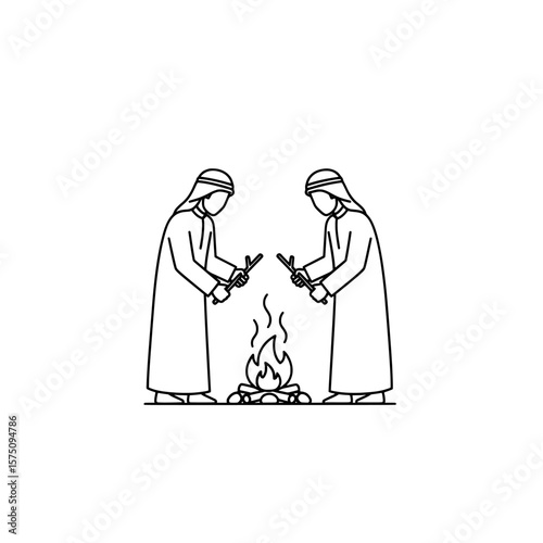 Two people cooking over a fire in traditional attire