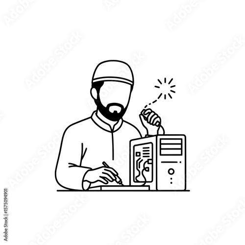 Technician repairing computer with tools and equipment in a workspace