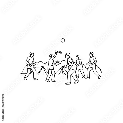 People playing frisbee outdoors in a park setting with trees and tents