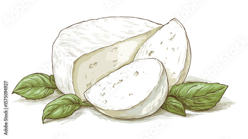 Fresh Mozzarella Cheese Slice and Whole, White Cheese Piece