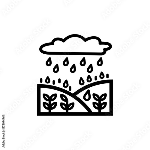 Rain falling on fields with crops and clouds above