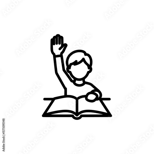 Child raising hand while sitting at desk with open book