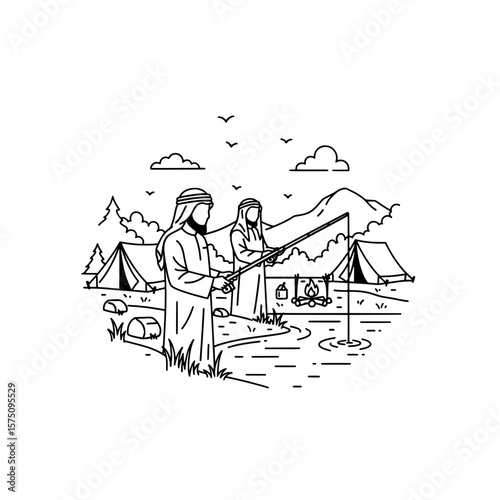Two fishermen casting lines near camping tents and mountains