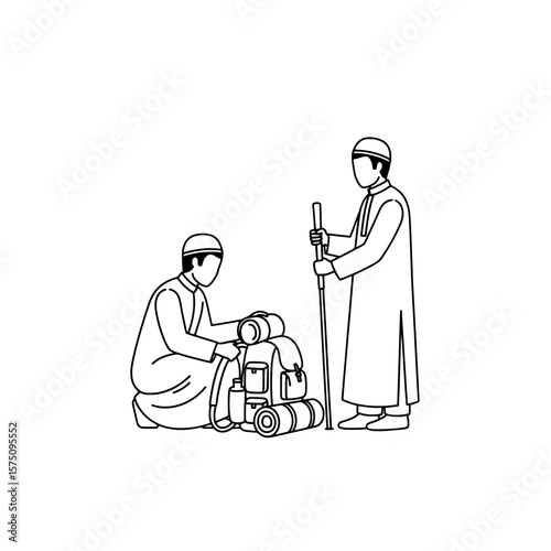 Two figures preparing for an outdoor adventure with backpacks and gear