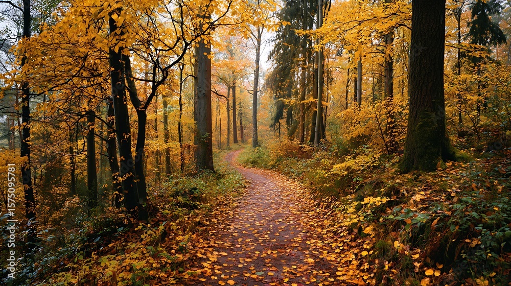 Fototapeta premium Golden autumn leaves covering a peaceful forest path, perfect for scenic nature walks