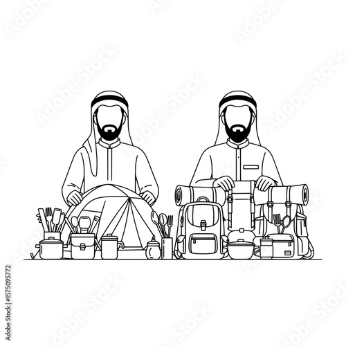 Camping scene with two men preparing outdoor equipment and setup