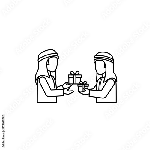 Two people exchanging gifts in a minimalist style drawing