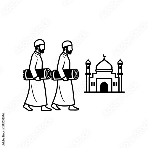 Two individuals carrying rolled mats near a religious building