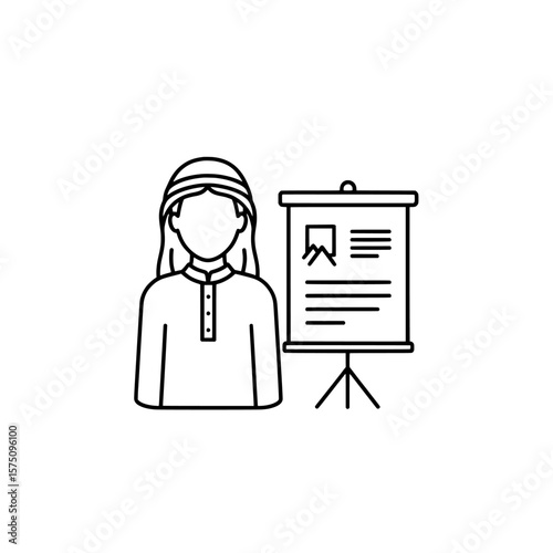 Professional presentation with woman standing next to a flip chart