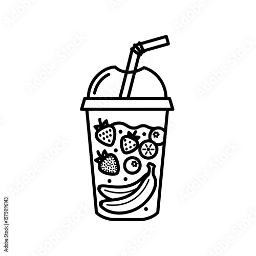 Fruity beverage cup with straw featuring strawberries and bananas