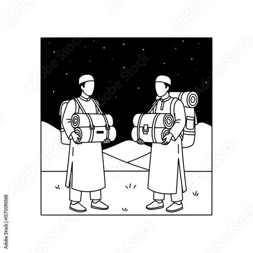 Two hikers preparing for adventure with backpacks and camping gear