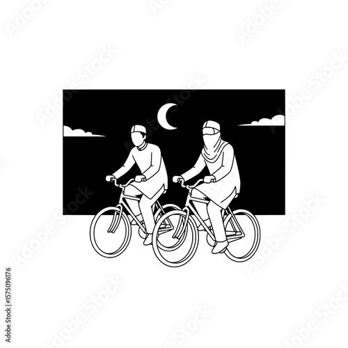 Two cyclists riding bicycles against a night sky with clouds and moon
