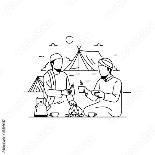 Two friends enjoying coffee by a campfire near a tent under the moonlight