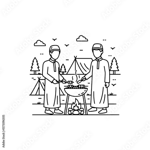 Men cooking on barbecue in campsite with tents and trees