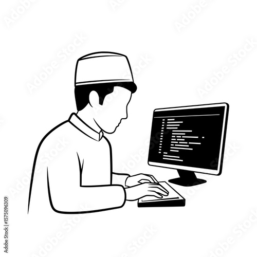 Person working on computer wearing traditional attire using a keyboard