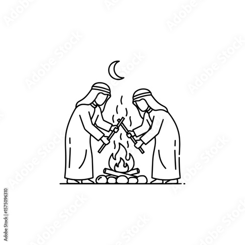 Two individuals by a campfire with swords under the moonlight