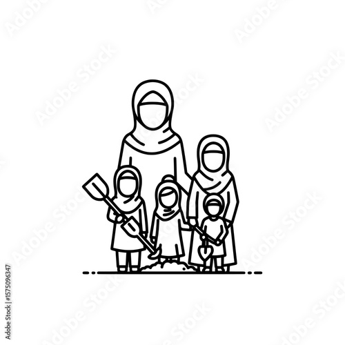 Family standing together with gardening tools and smiles