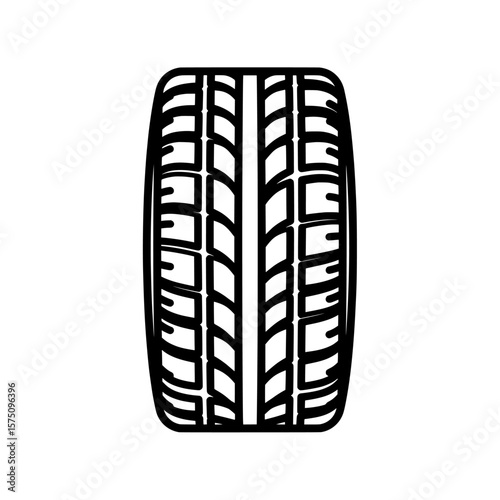 Black tire with detailed tread pattern for automotive purposes