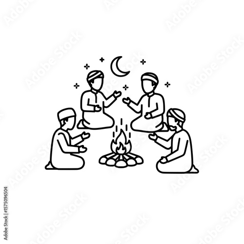 People gathered around a campfire engaging in conversation under the moonlight