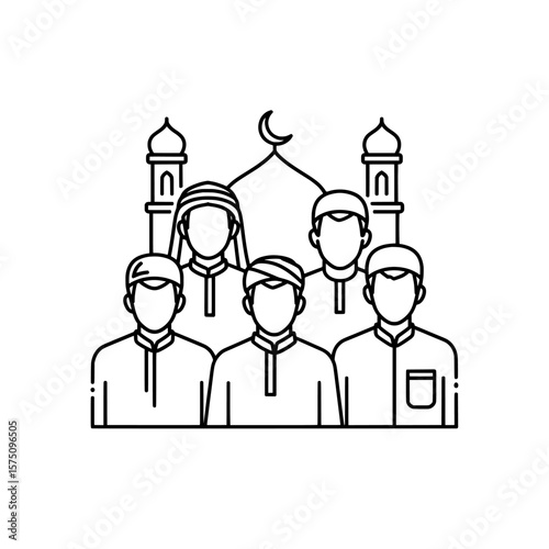 Muslim community celebrating with mosque in the background during a festival
