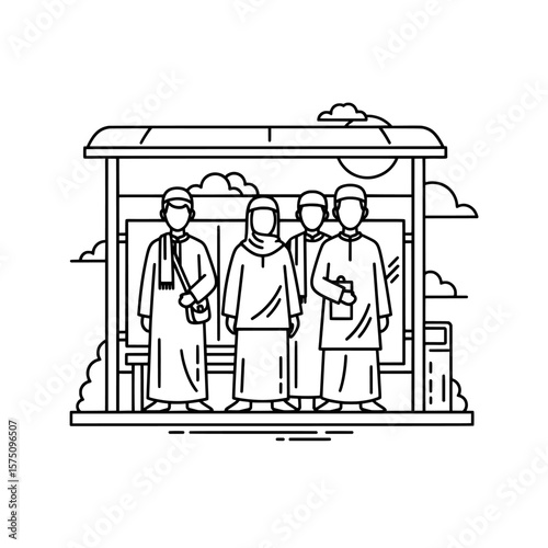 People waiting at a bus stop with a shelter and clouds