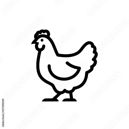 Simple black outline of a chicken standing on a solid background