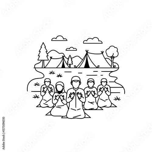People meditating by a lake with trees and mountains in the background