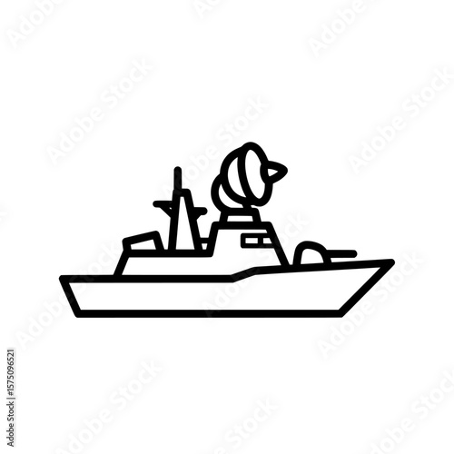 Modern military ship with radar system side view silhouette