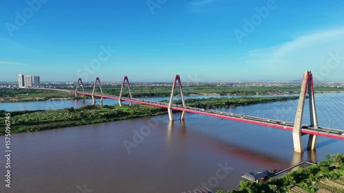 Aerial view of Nhat Tan Bridge in Hanoi, Vietnam, showing its striking cable-stayed design