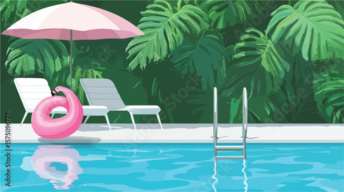 Luxurious Poolside Background with Lounge Chair and Umbrella