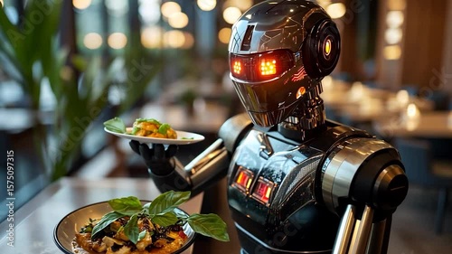 Futuristic metallic robot waiter serving dishes in restaurant environment focused on details of android serving food to customers