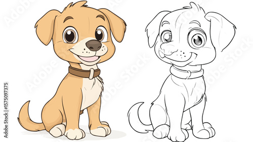 Cute Puppy Cartoon Character in Colorful Collar Coloring Page