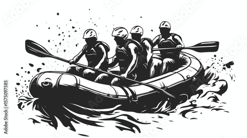 Thrilling Black and White Rafting Adventure Vector Illustration