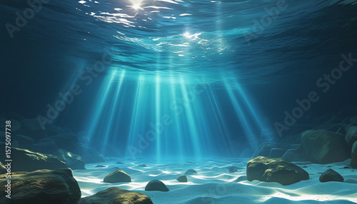 Underwater view with sunrays illuminating textured seabed with rocky and sandy layers in ethereal calm ocean atmosphere