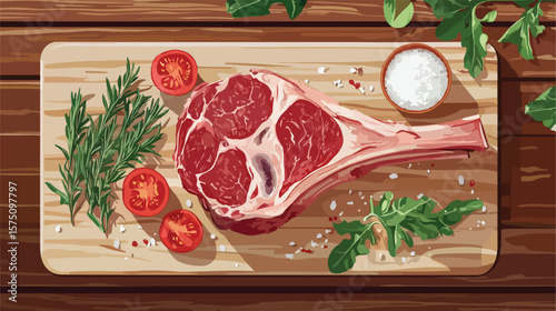 Fresh Raw Lamb Leg on Wooden Board with Salt and Tomato