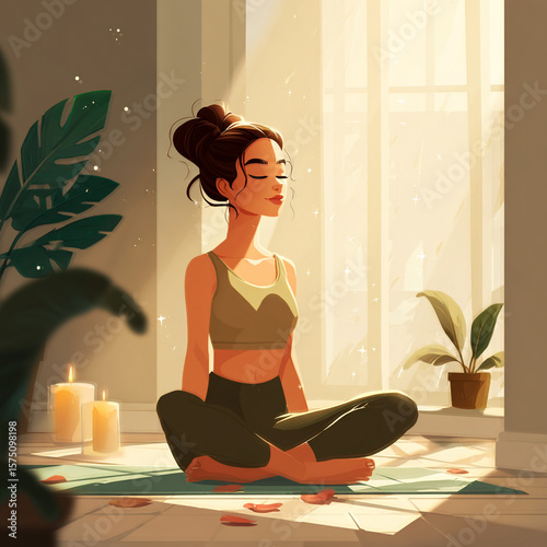 Tranquil illustration of a girl sitting cross-legged on a yoga mat near a window in peaceful morning meditation. Surrounded by calming elements including a lit candle, potted plant, and scattered rose