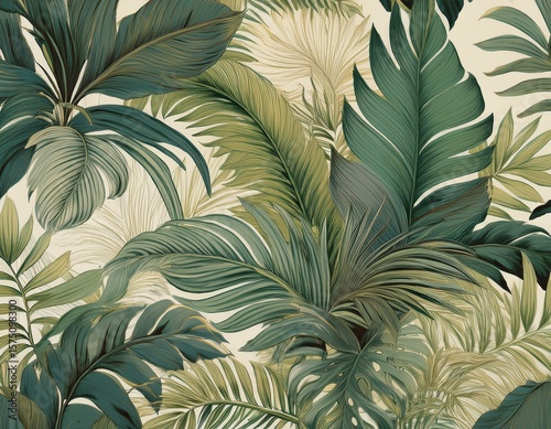vintage tropical jungle pattern for seamless wallpaper fabric texture tapestry background green beige muted colors