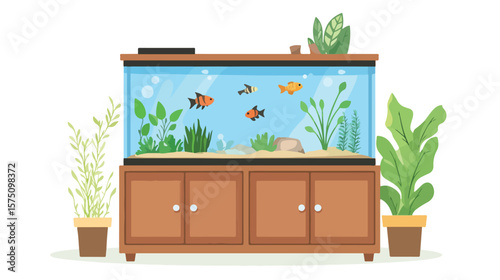 Modern Rectangular Fish Tank on Wooden Cabinet Interior Decor
