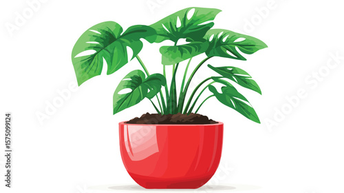 Vibrant Red Flower Pot with Green Plant and Soil