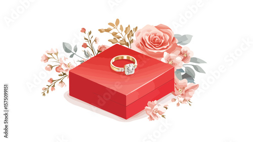 Elegant Red Wedding Square-Shaped Box with Golden Ring