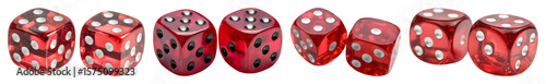 Eight translucent red dice with white pips on transparent background